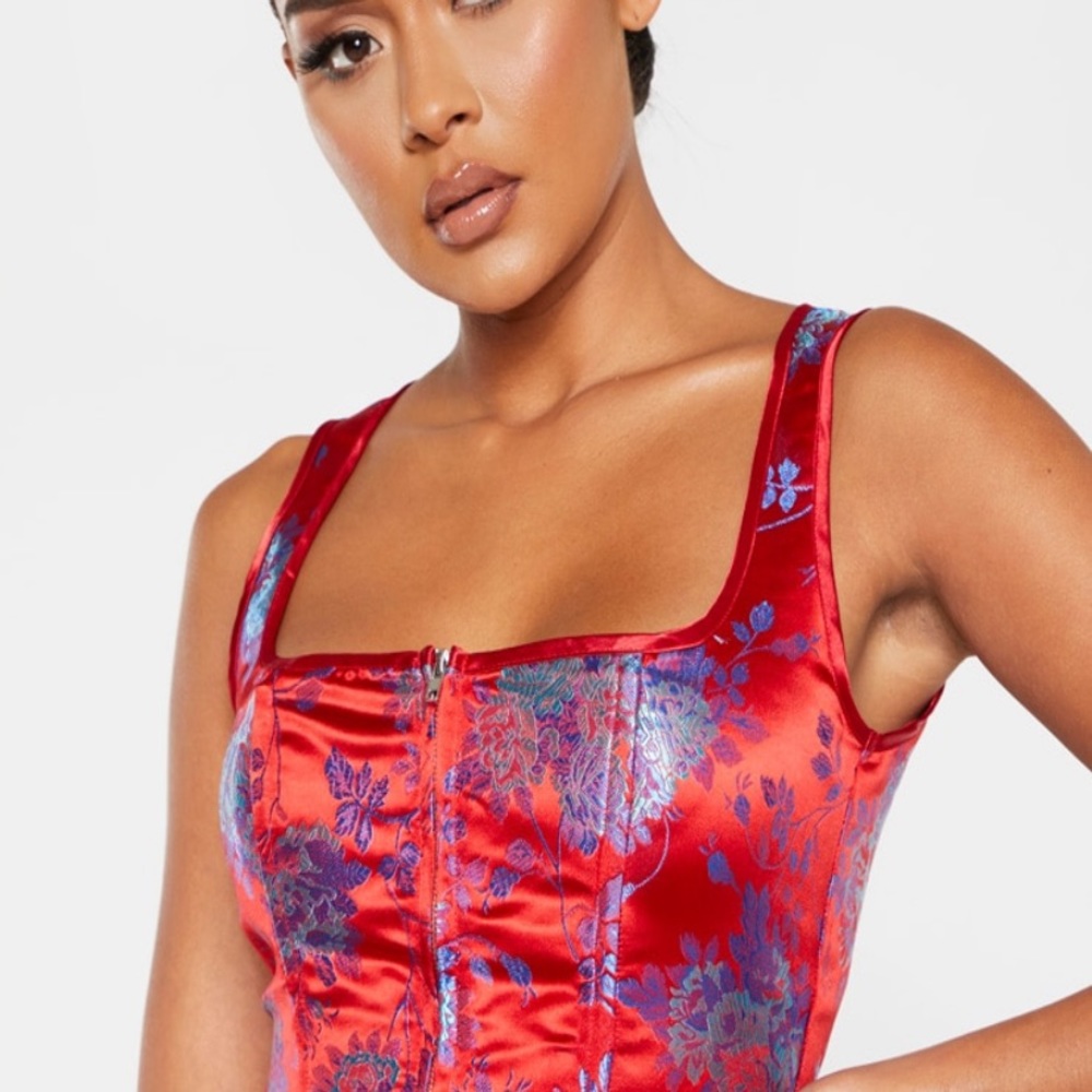 Red satin corset top